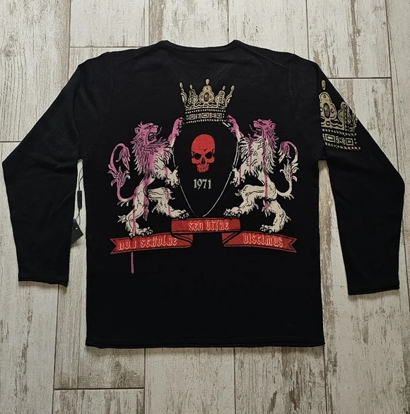 Raw 7 NEW WITH TAGS Black Skull Graphic Men's Cashmere Sweater XL
